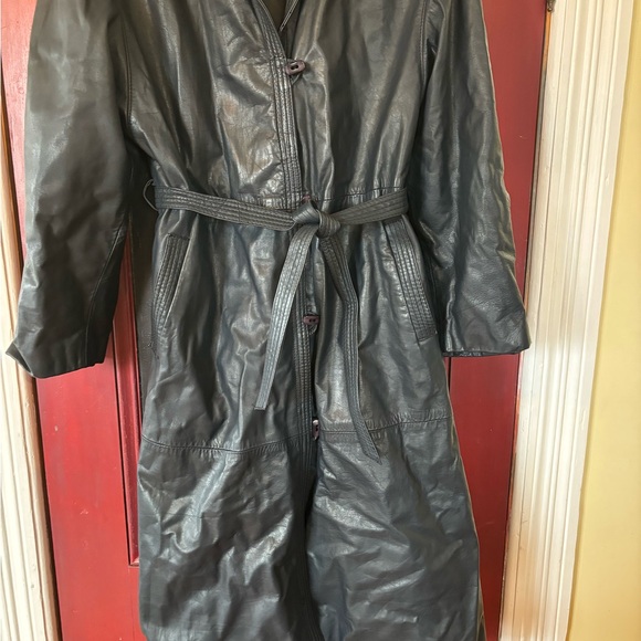 Vintage navy leather belted long atypical trench style coat - Picture 6 of 12